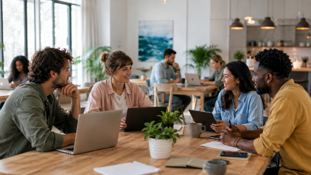 profissionais digitais trabalhando em coworking